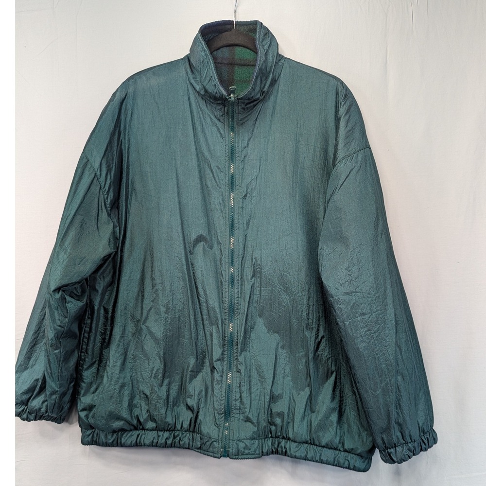 North Crest Reversible Fleece Jacket‎ Mens L Green Blue Plaid Full Zip